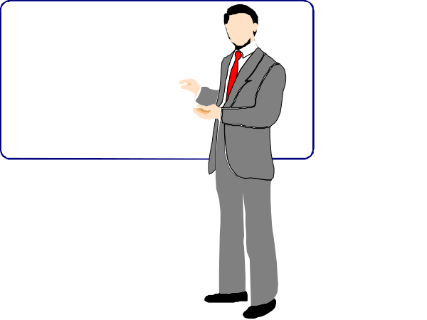 The image shows a man standing between two presentation boards with his hands clasped together as if he is presenting something to an audience that isn't visible in this frame of the clip-art animation.