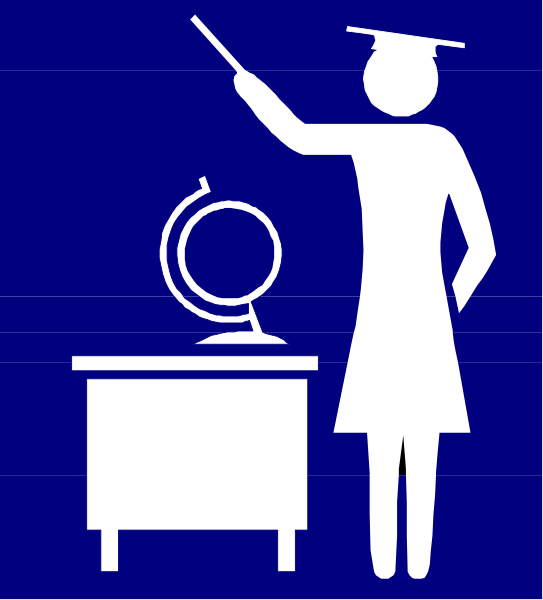 The image shows a black silhouette of an adult woman standing next to a desk with various items on it including what appears to be a globe and possibly other educational materials; she is holding up her right hand as if pointing at something, wearing graduation cap, indicating that this might represent the concept or theme related to education.
