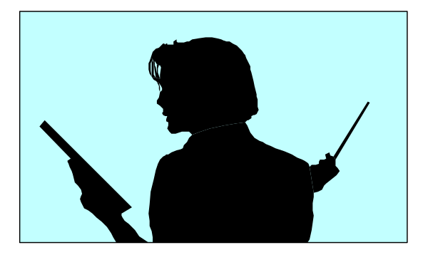 The silhouette of a person holding an object that resembles a microphone is shown against a blue background with textured lines suggesting depth in what appears to be a window frame within this image.