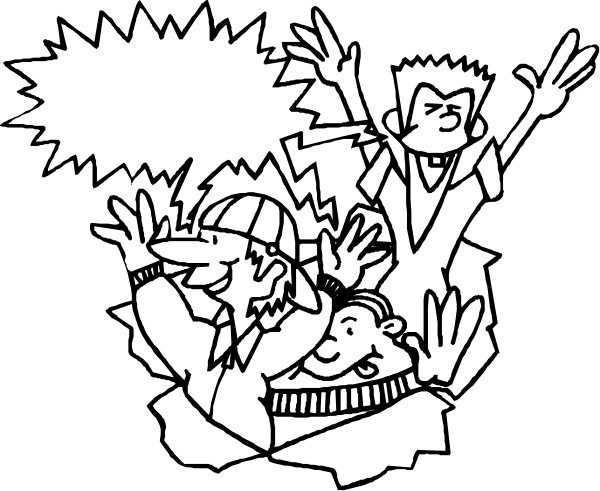 The black and white illustration shows two animated characters with exaggerated expressions; a character on top is waving their arms in excitement while another below appears to be reacting negatively.