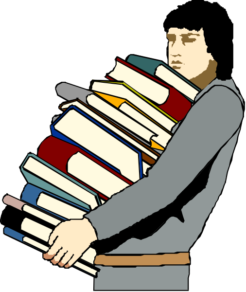 The illustration shows a person carrying an armful of books with their arms outstretched behind them against a dark background.