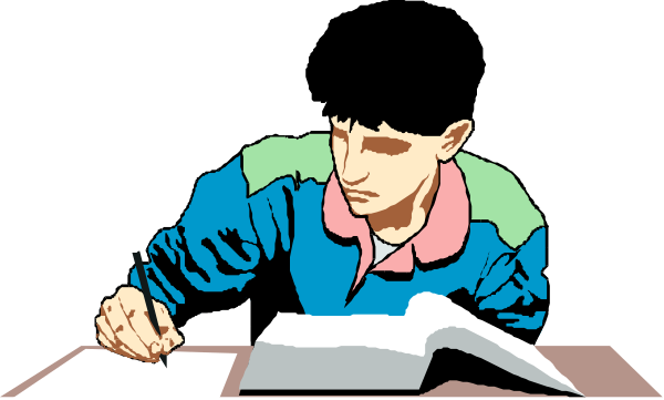 The image shows a person sitting at a desk with papers on it, writing something down using pen and paper.