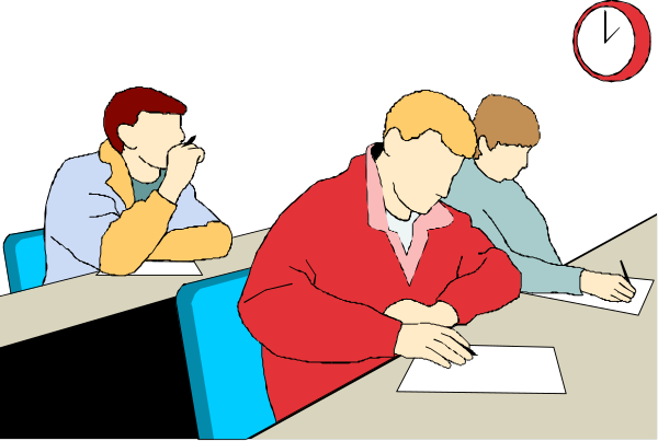 The illustration shows three students sitting at desks with papers on them; a teacher is standing behind two of these students who appear to be writing in notebooks while looking upwards towards something out of frame.