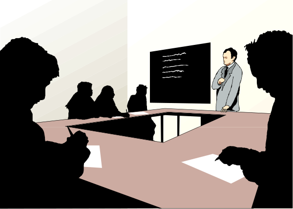 The illustration depicts a classroom scene with an instructor standing at front of room facing students who sit around tables; there is no visible text in this image to provide additional context about what might be happening during class, but it appears that some form of lecture or presentation may be taking place based on the positioning and attentiveness of both parties.