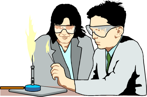 The illustration shows two individuals sitting at a table with an open flame on it; both appear to be scientists as indicated by their attire which includes lab coats and glasses. They seem engaged in some sort of experiment, possibly related to chemistry given the presence of flammable material nearby.