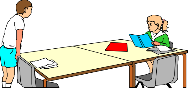 The image shows a cartoon of three children sitting at desks with laptops open on them; two students appear to be engaged in their work while one student is looking over his shoulder towards another child who seems to have finished her task and stands behind him, observing or waiting for something.