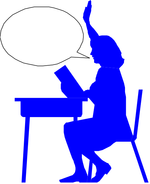 The image shows a cartoon of an adult figure sitting at a desk with their hand raised as if to answer a question in class; above them is speech bubble containing text that reads "YES".
