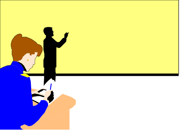 The image shows a split screen with two different scenes: on top, there is an animated scene of three figures standing near each other in front of what appears to be a chalkboard; below that, another animation depicts one figure sitting at a desk and writing or drawing something while looking upwards. Both animations are set against the same background which features two rectangles with yellow borders on either side framing an open book lying flat between them.
