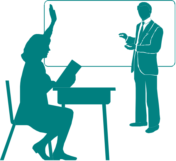 The image shows a classroom scene with two silhouetted figures: an adult standing at front of room gesturing towards whiteboard while pointing to it; another figure seated in chair facing away from camera looking downward, possibly reading booklet on desk.