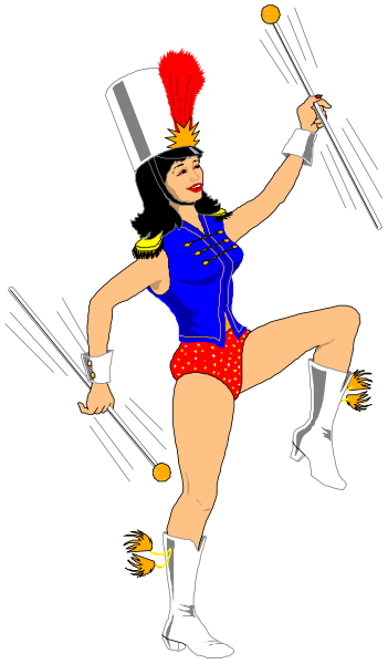 The illustration shows a cartoon of Wonder Woman performing with batons while wearing her iconic costume.