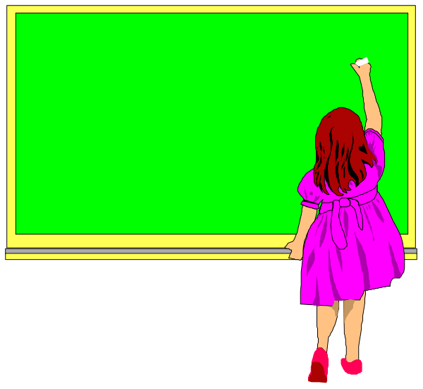 The image shows a cartoon of an animated girl standing next to two chalkboards with green backgrounds; she is holding up her hand as if pointing at something on one board while looking towards it.