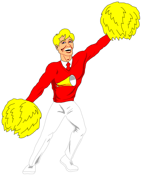 The illustration shows a cheerleader with pom poms celebrating an event.