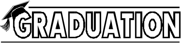 The text "GRADUATION" on a black background with white lettering is shown at an angle overlayed image of graduation cap and gowns in various sizes.