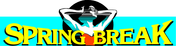 The image shows a sign with text that reads "SPRING BREAK" on it against an abstract background featuring geometric shapes in various shades of blue and yellow.