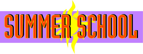 The image shows a purple banner with white text that reads "Summer School" on it against an orange background at the bottom of which there is a small yellow flame graphic.