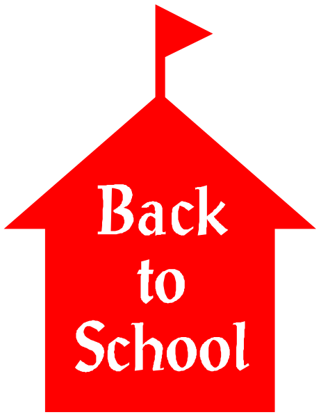 The image shows a red schoolhouse with text that reads "Back to School."
