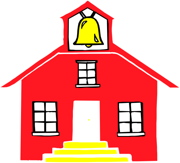 The image shows a cartoon drawing of an old red schoolhouse with white trim around its windows and door frame. There is no visible text in this clip-art illustration.