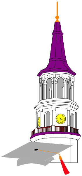 The image shows a stylized illustration of an old church steeple with purple walls at nighttime against a dark background; it is depicted in black-and-white line drawing form without any color information provided, and there's no text present within this small clip art piece.