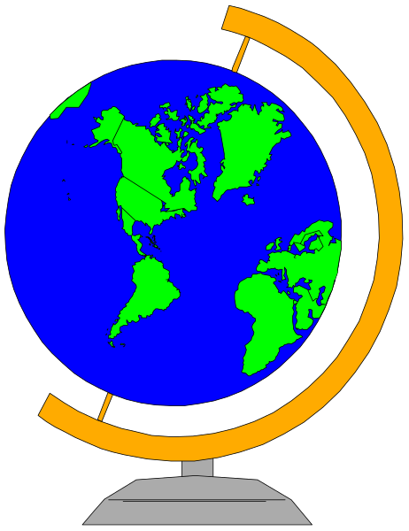 The image shows a stylized representation of Earth with landmasses colored blue on top of an orange circular base that resembles a clock face; there is no text present in this clip-art illustration, which focuses solely on these two elements without any additional context or details provided within the frame.