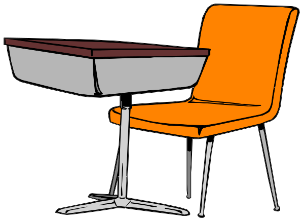 The image shows a simple line drawing of an orange chair next to two desks with white tops on them against a black background.