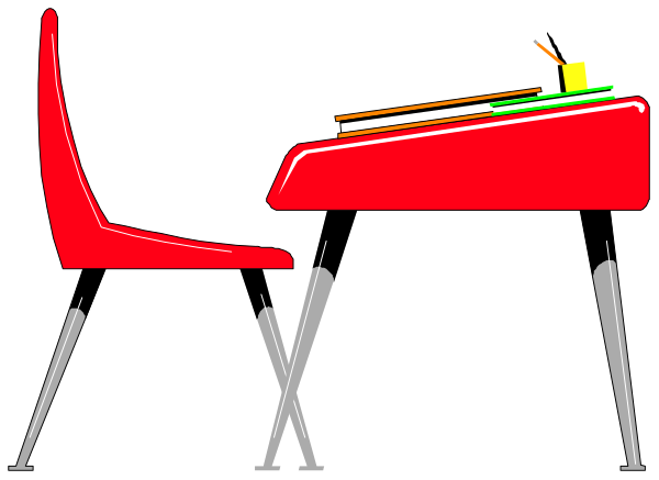 The image shows a red desk with two chairs next to each other on either side of it against a black background.