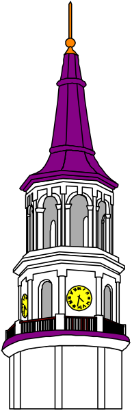 The image shows a stylized illustration of an old church steeple with purple walls against a gray background.
