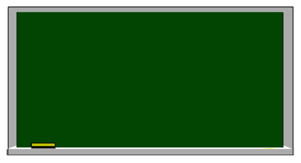The image shows a simple blackboard with white chalk on it inside what appears to be an empty classroom environment.