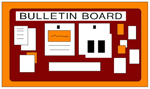 The image shows a bulletin board with various papers pinned to it against an orange background on top of which there is text that reads "BULLETIN BOARD."