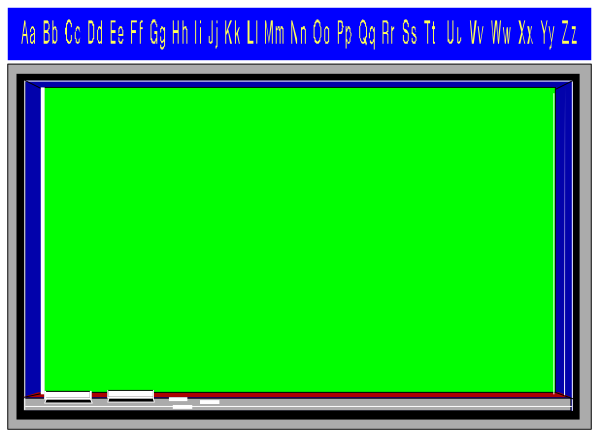 The image shows a computer screen with an open window displaying various alphabets on it against a green background.