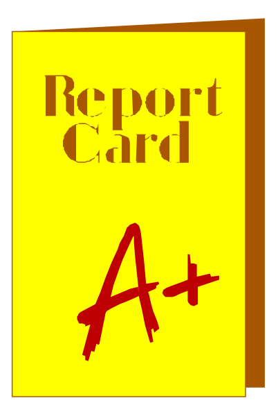 The image shows a report card with an "A+" grade next to it on top of what appears to be a desk surface in front of which there is text that reads 'Report Card'.
