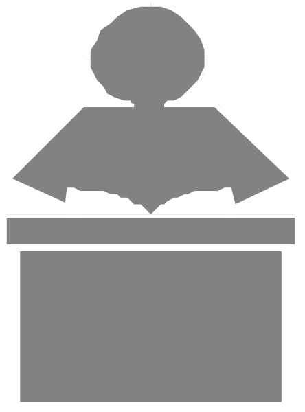 The image shows a black and white icon of an office chair with wheels on it next to a desk that has papers scattered across its surface.