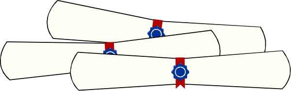 The image shows a row of graduation caps with diplomas on top placed next to each other against a dark background.