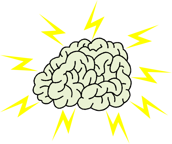 The image shows a cartoon brain with lightning bolts around it inside an explosion graphic on a black background.