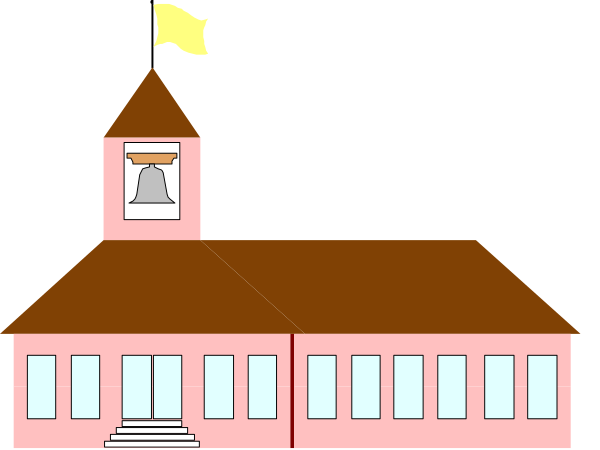 The image shows a cartoon depiction of an old school building with windows on both sides under what appears to be night sky; there is no text present in this small clip-art illustration.