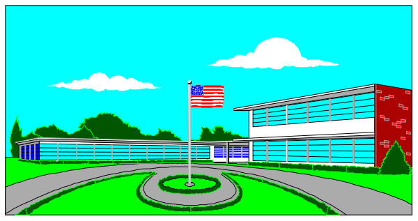 The image shows a cartoon representation of an American flag flying on top of a school building with red brick walls under a clear blue sky.