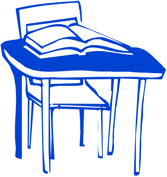 The image shows a blue chair on top of an open book with pages facing upwards to its right side; below it is another identical blue chair in front of what appears to be a desk that has no visible items, suggesting this might represent a classroom setting where desks and chairs are typically used for studying or working.