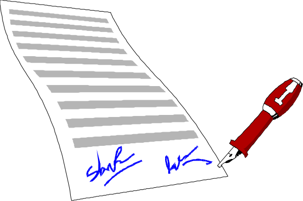 The image shows a digital representation of an office scene with two pieces of paper on top of each other; both papers have handwritten text in blue ink that appears to be signatures at the bottom right corner. On one piece, there is also some red-inked writing above and below what looks like a signature stamp or seal. The uppermost sheet has additional black text with an underline beneath it on top of which rests another paper containing similar handwritten blue ink; this second paper seems to be partially obscured by the first one but still visible, showing more red-inked writing