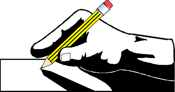 The black and white illustration shows a hand holding an eraser with pencil marks on it over what appears to be paperwork or documents in front of them.