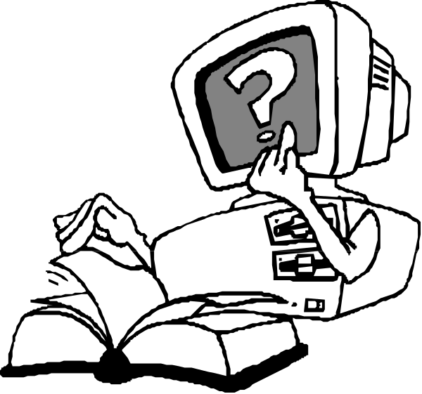 The black and white cartoon shows a person sitting on an open book with their head inside what appears to be a computer monitor displaying question marks; next to them is another image of the same scene but without any text, suggesting it's part of a series or sequence.