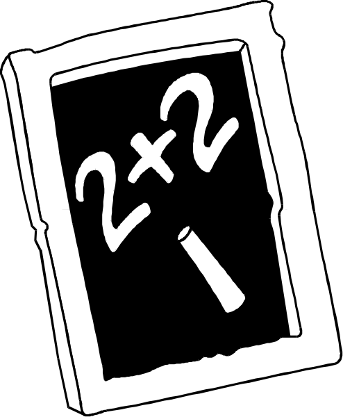 The black and white illustration shows a book with two plus signs on it next to an eraser.