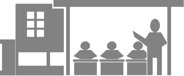 The black and white silhouette of a group of three individuals sitting around what appears to be an oval table with papers on it in front of them; there is also another figure standing behind the seated figures, all within a room that has windows visible through its walls.