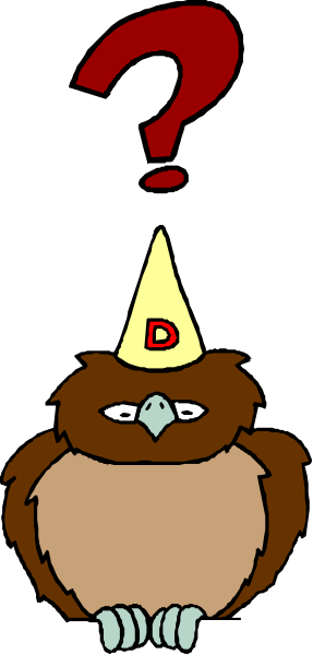 The image shows a cartoon owl wearing party accessories with an exclamation mark above its head, suggesting surprise or excitement about something unseen in this frame.