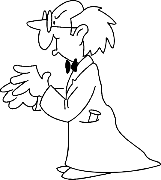 The black and white cartoon shows a man with glasses standing on his hands while holding out both of them as if he's offering something to someone off-frame. He is wearing a lab coat over what appears to be pajamas, suggesting that this might take place in an informal or domestic setting rather than at work.