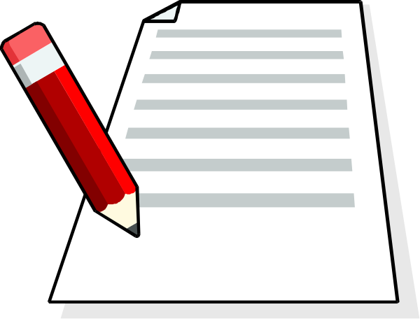 The image shows a digital illustration of two red pens on top of white paper with lines indicating writing; there is no text present in this clip-art representation.