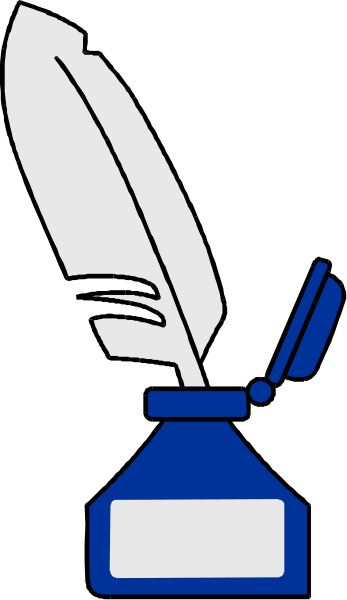 The image shows a stylized illustration of an ink pen with nib on top next to what appears to be a bottle labeled "ink."