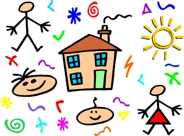 The image shows a cartoon of an animated house with various colorful doodles around it that include smiley faces, suns, stars, hearts, houses, trees, clouds, rainbows, lightning bolts and other abstract shapes in vibrant hues such as red, blue, yellow, green.