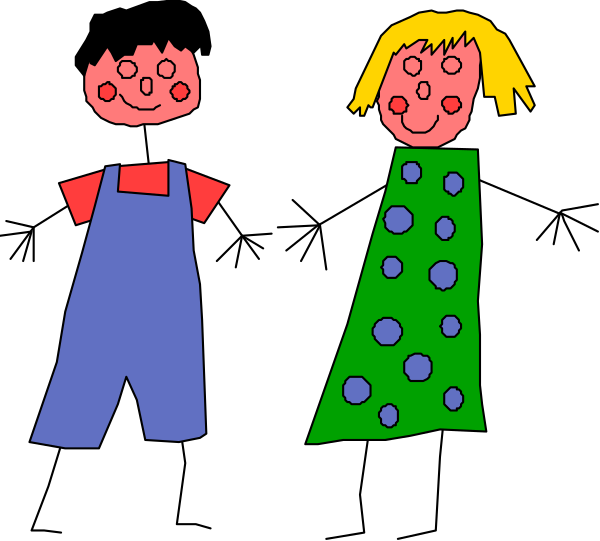 The image shows two cartoon children standing side by side against a black background; both have exaggerated facial features with large eyes and small mouths.