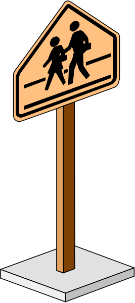 The image shows a cartoon depiction of an outdoor scene with two stick figures walking on either side of a signpost that has a school crossing warning sign attached to it atop a wooden post in front of what appears to be a building, possibly indicating a pedestrian zone or crosswalk area near the entrance.