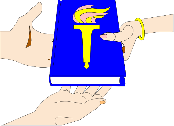 The image shows a hand holding an open book with pages facing upwards towards another person's hands that appear to be receiving it from above; there is no text present in this clip-art illustration.