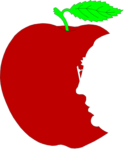 The image shows a black silhouette of an apple with green leaves on top against a white background.